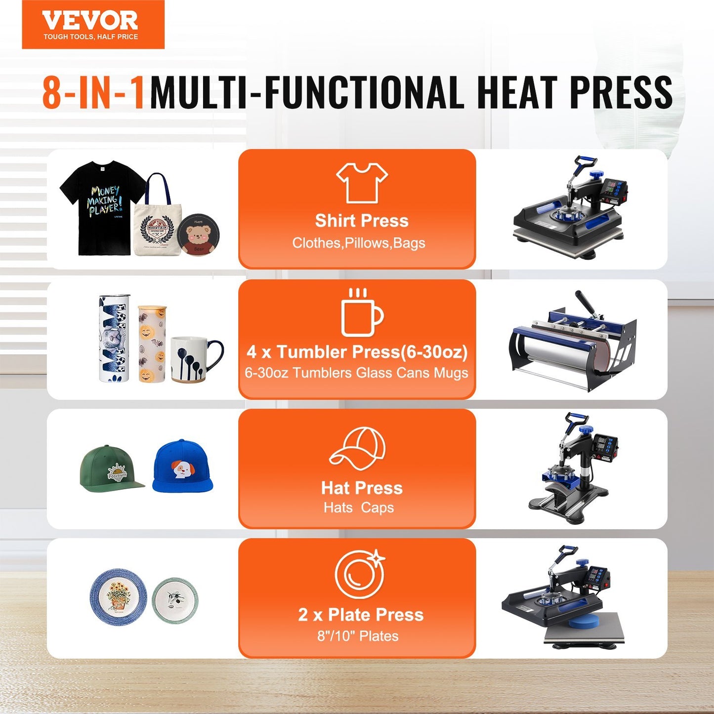 8 In 1 Heat Press Machine 15x15 In 30oz Tumbler Press T-Shirts Black Blue